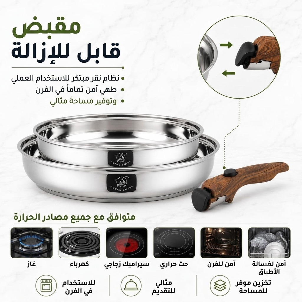 طقم مقالي رويال سويس من الفولاذ المقاوم للصدأ (Inox) مع مقبض قابل للإزالة - قطعتين Royal Swiss