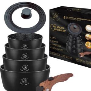 طقم كاسرولات رويال سويس 6 قطع مع مقبض قابل للإزالة وغطاء متعدد الوظائف - Royal Swiss Sauce Pan Set