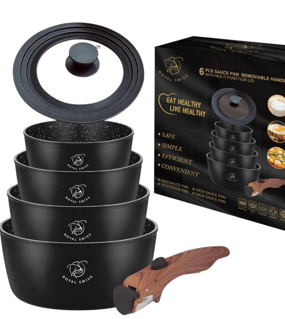 طقم كاسرولات رويال سويس 6 قطع مع مقبض قابل للإزالة وغطاء متعدد الوظائف - Royal Swiss Sauce Pan Set